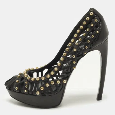 Pre-owned Alexander Mcqueen Size 37 Black Leather Cut Out Studded Platform Pumps