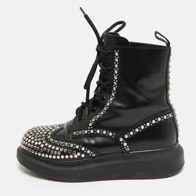 Pre-owned Alexander Mcqueen Size 37 Black Leather Studded Lace Up Ankle Length Boots