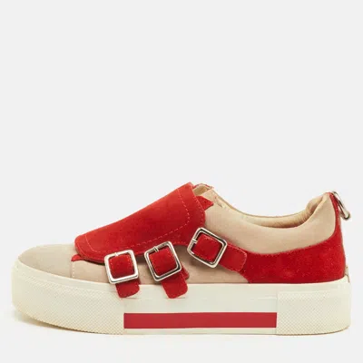 Pre-owned Alexander Mcqueen Size 37 Red/grey Suede Buckle Detail Slip On Sneakers