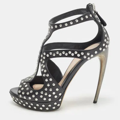 Pre-owned Alexander Mcqueen Size 38 Black Leather Studded Strappy Cage Platform Sandals