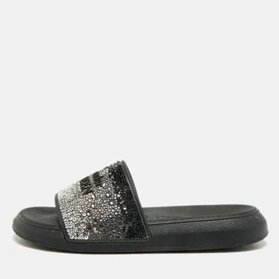 Pre-owned Alexander Mcqueen Size 38 Black Rubber Crystal Embellished Flat Slide
