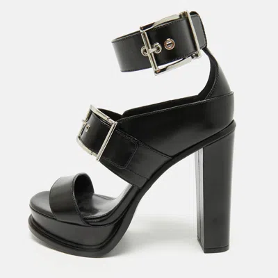 Pre-owned Alexander Mcqueen Size 38.5 Black Leather Ankle Strap Sandals