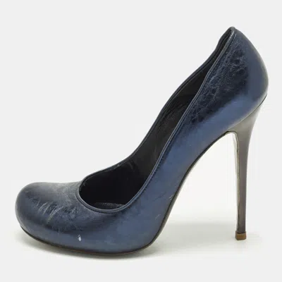 Pre-owned Alexander Mcqueen Size 38.5 Metallic Blue Foil Leather Round Pumps