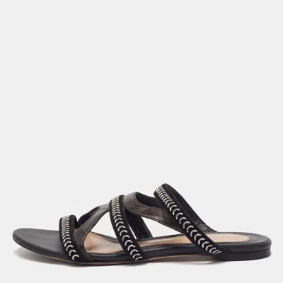 Pre-owned Alexander Mcqueen Size 39 Black/bronze Leather And Suede Embellished Strappy Flat Slide