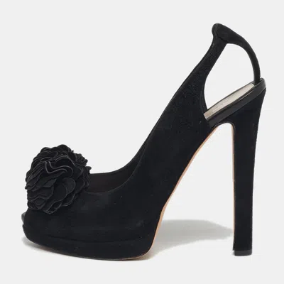 Pre-owned Alexander Mcqueen Size 40 Black Suede Flower Detail Peep Toe Platform Pumps