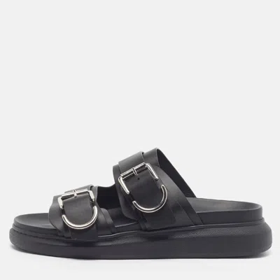 Pre-owned Alexander Mcqueen Size 42 Black Leather Buckle-strap Flat Slide