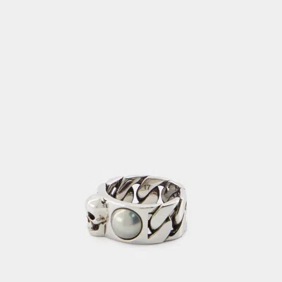 Alexander Mcqueen Skl & Pearl Ring In Grey