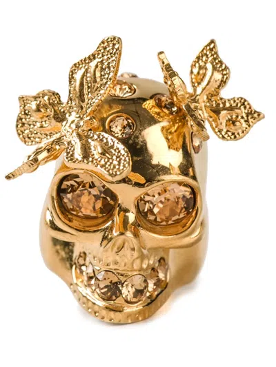 Alexander Mcqueen Skull And Butterfly Cocktail Ring In Gold