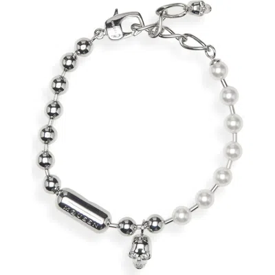 Alexander Mcqueen Skull & Faux Pearl Bracelet In Brown