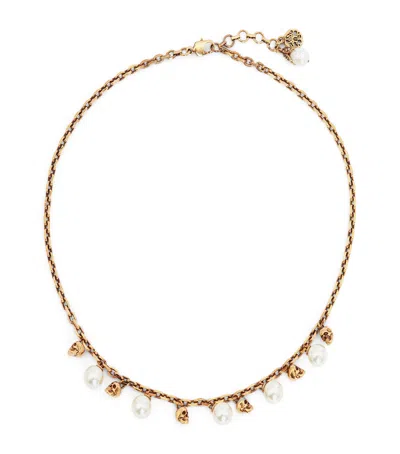 Alexander Mcqueen Skull And Faux Pearl Necklace In Blue