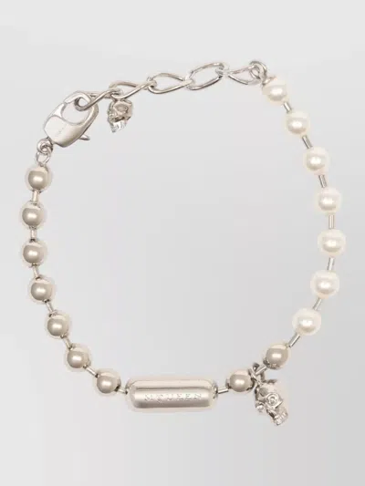 Alexander Mcqueen Skull And Pearl Bracelet Brass Chain In Neutrals