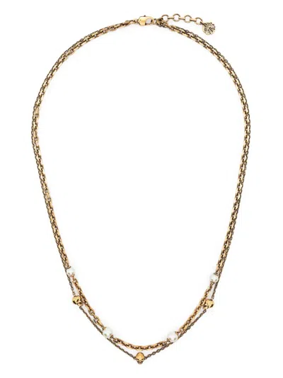 Alexander Mcqueen Skull And Pearl Charm Layered Necklace In Gold