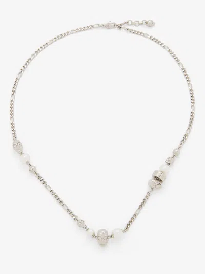Alexander Mcqueen Skull And Pearl Necklace In Metallic