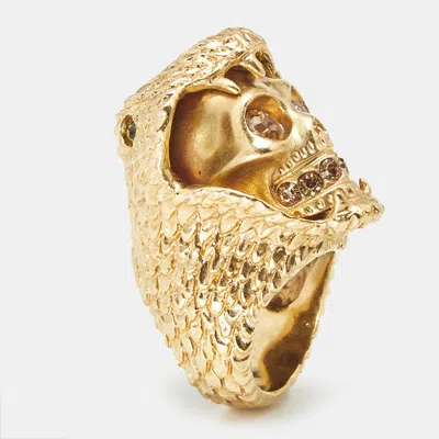 Pre-owned Alexander Mcqueen Skull And Snake Crystals Gold Tone Ring Size 52