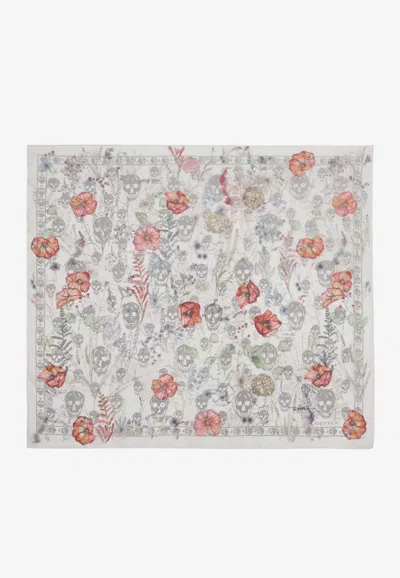 Alexander Mcqueen Skull And Spider Floral Print Chiffon Scarf In White