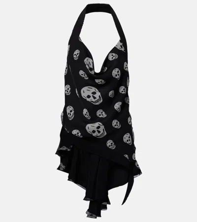 Alexander Mcqueen Skull Asymmetric Halterneck Chiffon Top In Black
