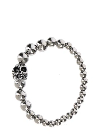 Alexander Mcqueen Skull Multi-bead Brass Bracelet In Silver