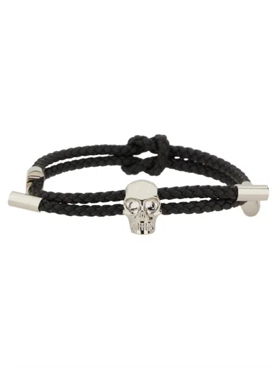 Alexander Mcqueen Leather Skull Bracelet In Black