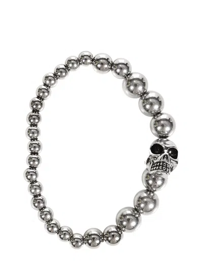 Alexander Mcqueen Skull Multi-bead Brass Bracelet In Silver
