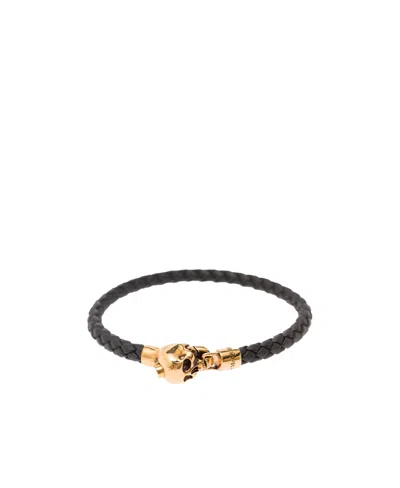 Alexander Mcqueen Skull Braided Leather Bracelet In Black