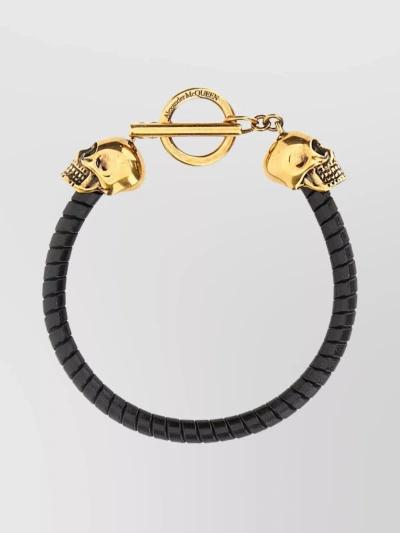 Alexander Mcqueen Braided Leather Bracelet With Gold-tone Skull Motifs