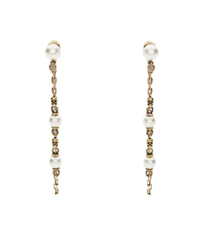 Alexander Mcqueen Pearl Skull Drop Chain Earrings In Antique Gold