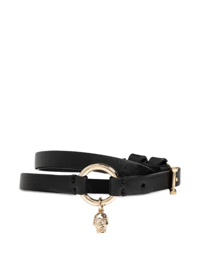 Alexander Mcqueen Double Wrap Bracelet Gold Tone Skull In Black