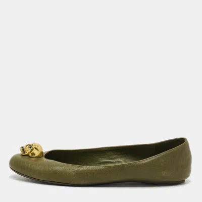 Pre-owned Alexander Mcqueen Skull City Size 39 Green Leather Ballet Flats