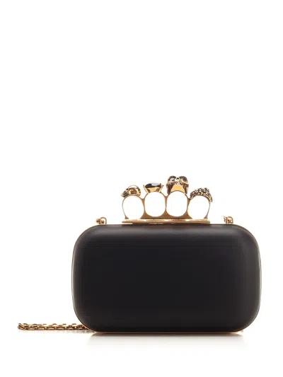 Alexander Mcqueen Skull Four Ring Embellished Clutch In Black
