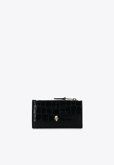 Alexander Mcqueen Skull Croc-embossed Leather Zip Cardholder In Black