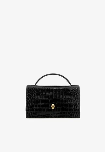 Alexander Mcqueen Medium Skull Croc Embossed Leather Top Handle Bag In 1000 Black