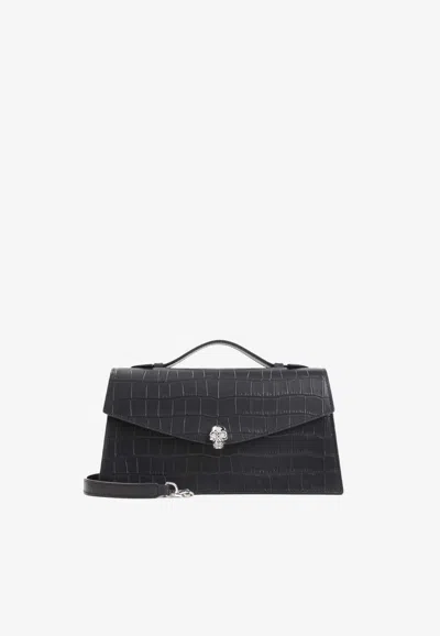 Alexander Mcqueen Skull Croc-embossed Leather Top Handle Bag In Black