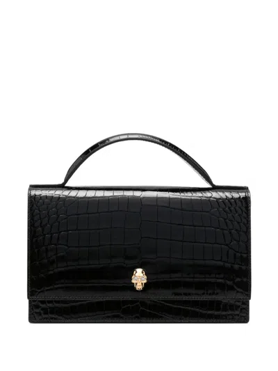 Alexander Mcqueen Skull Crocodile-effect Leather Tote Bag In Black