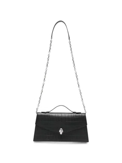 Alexander Mcqueen Skull Crocodile-effect Shoulder Bag In Black
