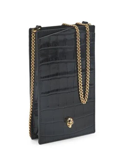 Pre-owned Alexander Mcqueen Skull Crocodile-embossed Phone Case In Black