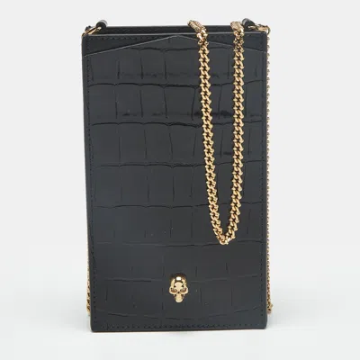 Pre-owned Alexander Mcqueen Skull Crystal Black Crocodile Embossed Leather Phone Case With Chain Strap
