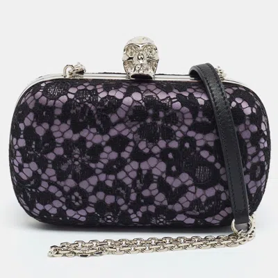 Pre-owned Alexander Mcqueen Skull Crystal Black/purple Lace And Satin Box Chain Clutch