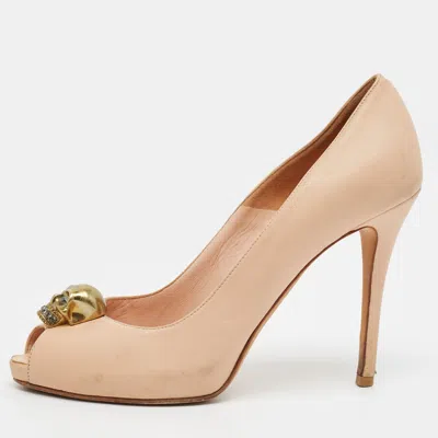 Pre-owned Alexander Mcqueen Skull Crystal Embellished Size 36.5 Pink Leather Peep Toe Pumps