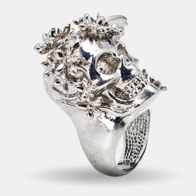 Pre-owned Alexander Mcqueen Skull Crystals Silver Tone Ring Size 53