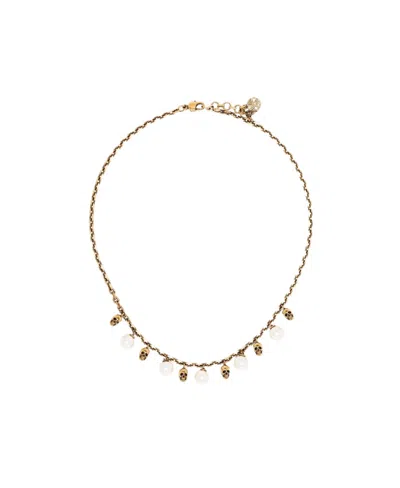 Alexander Mcqueen Skull-detail Pearl-embellished Necklace In Yellow
