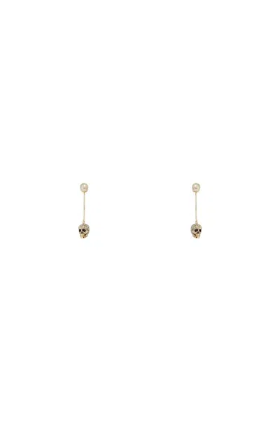 Alexander Mcqueen Skull Earrings With Pavé And Chain In Gold