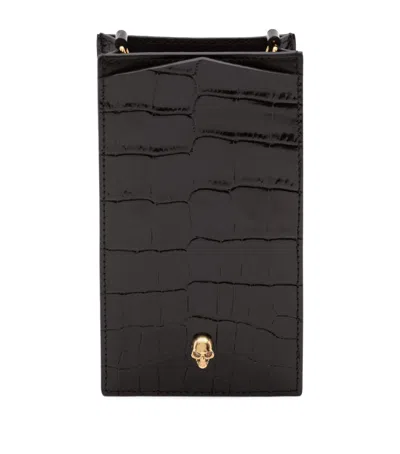 Alexander Mcqueen Skull-embellished Croc-embossed Leather Phone Case In Black
