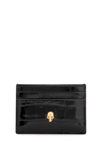 Alexander Mcqueen Skull-embellished Leather Card Holder In Black