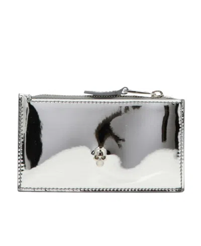 Alexander Mcqueen Skull-embellished Metallic-effect Wallet In Silver