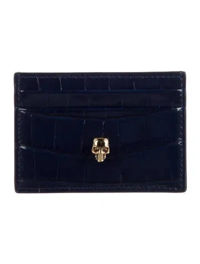 Pre-owned Alexander Mcqueen Skull Embossed Leather Card Holder In Blue