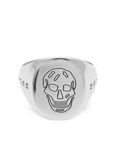 Alexander Mcqueen Skull-embossed Signet Ring In Metallic