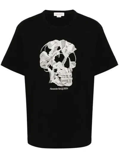 Alexander Mcqueen Skull-embroidered Cotton T-shirt In Black