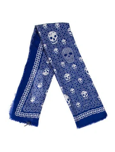 Pre-owned Alexander Mcqueen Skull Floral Print Scarf W/ Tags In Blue