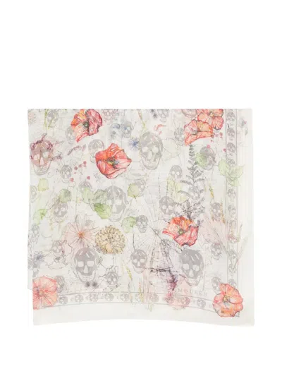 Alexander Mcqueen Skull Floral-print Scarf In Neutral