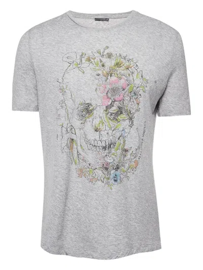Pre-owned Alexander Mcqueen Skull Floral-print T-shirt In Gray
